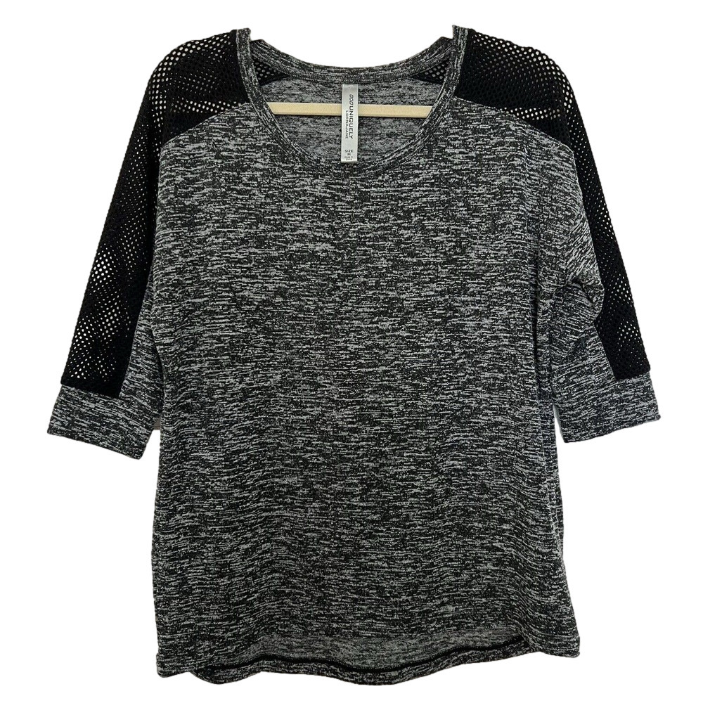 🌵 Lorna Jane Women's Ananda Black Gray 3/4 Mesh Sleeve Scoop Neck Top - Medium